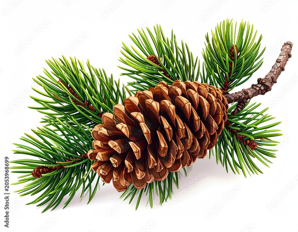 Fototapeta premium Brown pinecone on a green evergreen branch with needles