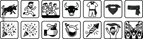 Foto Running of the Bulls San Fermin Festival Icon Set, Spanish Culture and Pamplona