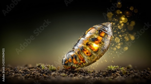 Chrysalis suspended above dark soil emits golden sparkling light during transformation