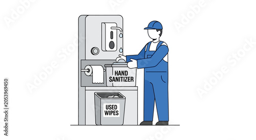 Foto Worker using hand sanitizer dispenser and disposing of used wipes