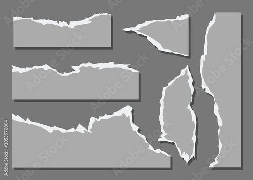 Collection of blank white torn paper strips and ripped edges with shadow isolated on background. Vector design elements set for notes, scrapbooking, and creative layouts. Torn Paper Strips and Ripped 