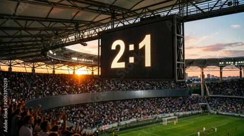 Exciting football score of 2-1 lights up the large stadium scoreboard, capturing the electrifying moment for thousands of cheering fans in a vibrant evening atmosphere