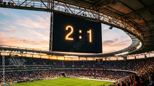 Professional football stadium at dusk with a large scoreboard displaying a competitive match 2:1 score and cheering fans