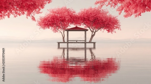 Symmetrical pink foliage frames a tranquil waterside shelter against a pale horizon.