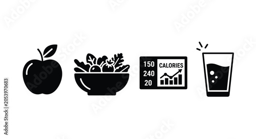 Foto A graphic illustration shows a healthy diet scene with an apple, salad bowl, nutrition facts label, and a drink