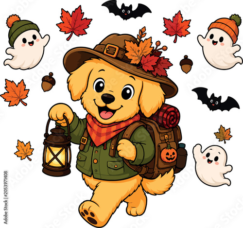 Cheerful Dog Hiker Lantern Autumn Fall Leaves Ghosts Halloween
