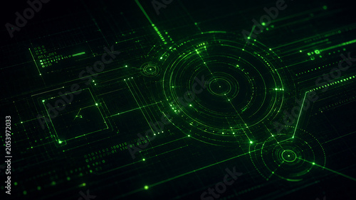 Futuristic Green Digital Technology Background with Abstract Cyber Network Interface and Data System Concept
