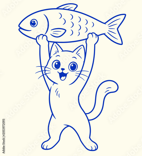 Obraz na płótnie A playful cat triumphantly holds its catch, showcasing its excitement for a deli