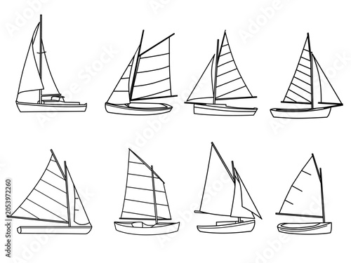 Fotografie Sailboat line art vector set. Sail open