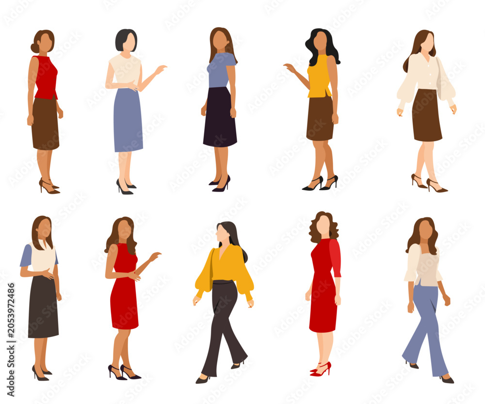 Obraz premium Flat vector people colored set. Women in the office