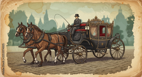 Obraz na plátně Victorian Horse-Drawn Carriage with Coachman on Cobblestone Street, Vintage City