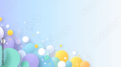 Colorful overlapping spheres create a dynamic corner border against a soft gradient background