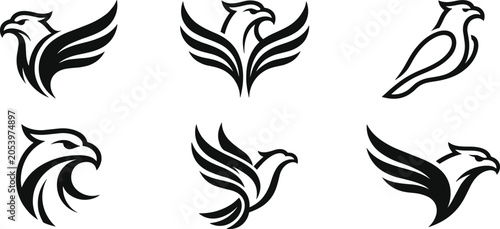 Collection of simple falcon and hawk line art icons with sleek wing shapes and majestic bird head profiles