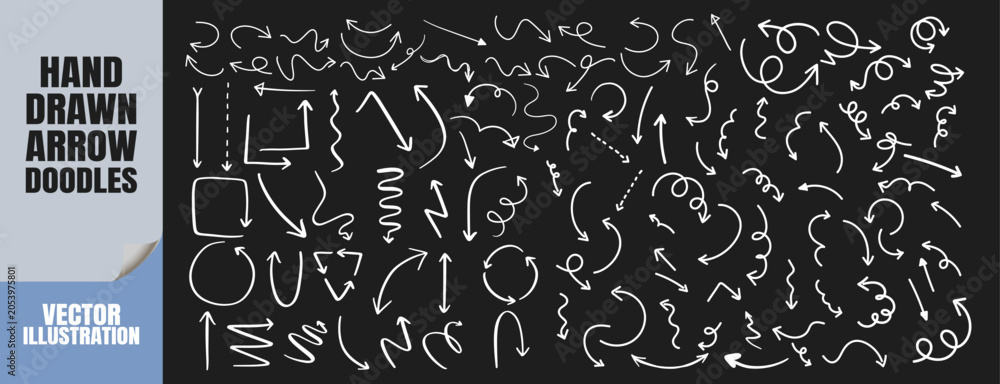Obraz premium Hand drawn white arrow doodles on black background. Sketchy curved pointers and directional symbols.