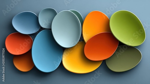 Assortment of colorful, organically shaped elements overlap against a muted background