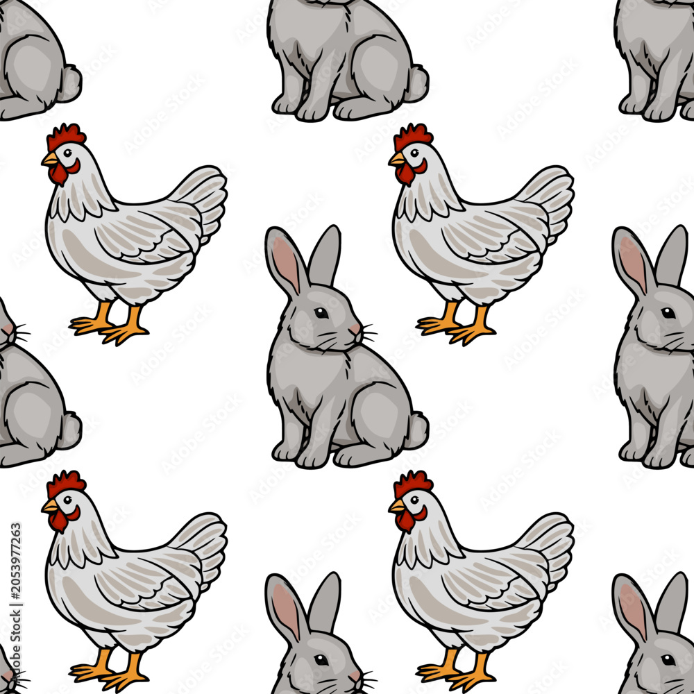 Naklejka premium Seamless vector pattern of cute cartoon rabbits and chickens on a white background