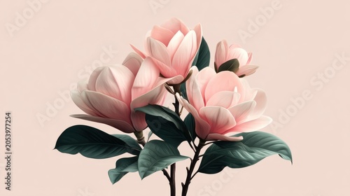 Several lush pink blossoms with deep green foliage stand prominently against a pale background.