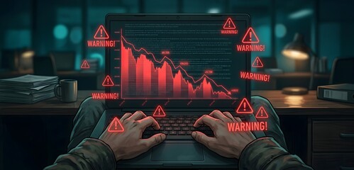 Person sitting at desk with laptop displaying declining graph and warning signs