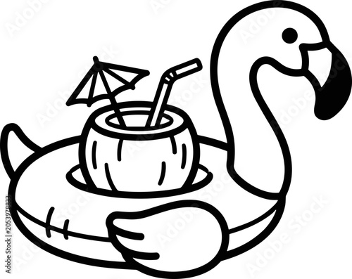 Flamingo Float with Coconut Drink and Umbrella - Summer Vacation Icon