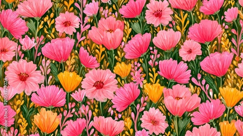 Vibrant field of pink and yellow blossoms creates a dense natural textile pattern