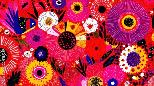 Vibrant abstract floral pattern depicts densely packed stylized blossoms against a bright red backdrop.