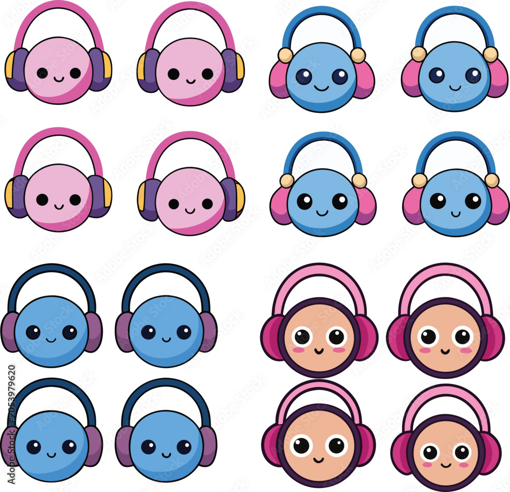 Obraz premium Cute Kawaii Headphone Cartoon Character Icons Collection Vector Set for Audio Lovers