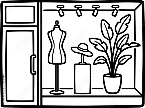 Fashion Boutique Window Display with Mannequin, Hat, and Plant - Line Art