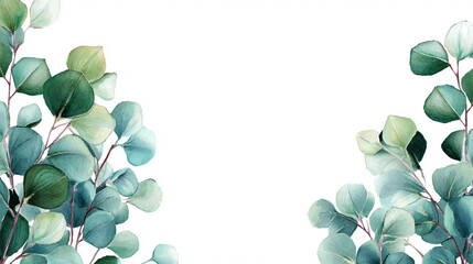 Watercolor Eucalyptus Leaves Border on White Background for Botanical Design and Nature-Themed Invitations