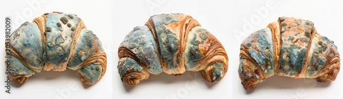 Three images of croissants on white background are covered in blue, green, and brown mold