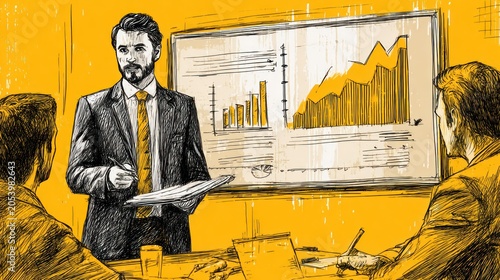 Business professional presents increasing growth data on a chart to seated colleagues