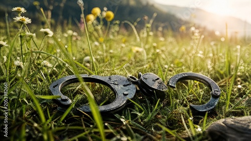 shackle. Broken handcuffs discarded on sunlit grass with wildflowers, shallow depth of field. wellbeing guides, coaching materials, designed for coaching and self-improvement content.