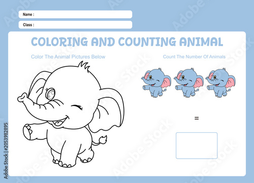 Elephant Coloring and Counting Worksheet for Kids