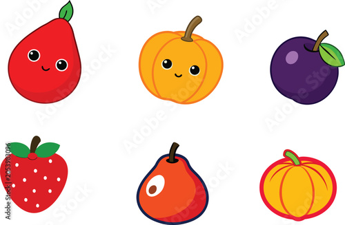 Tableau sur toile Colorful fruit and vegetable stickers collection including strawberry pumpkin an
