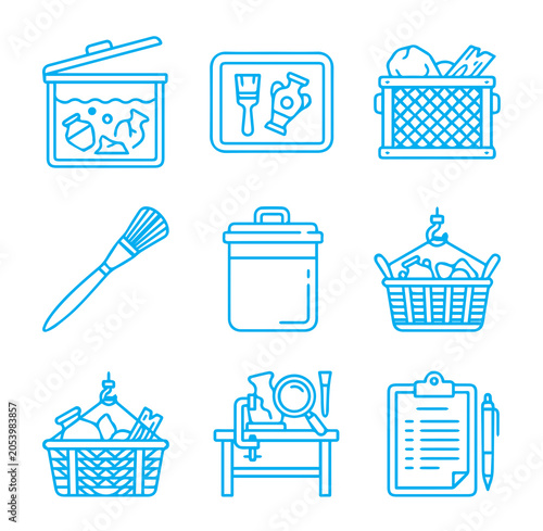 Tableau sur toile Set of blue line depicting archaeological excavation tools, storage crates, arti