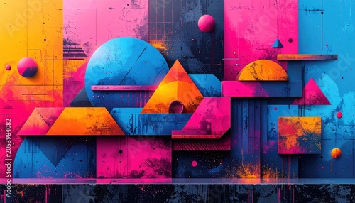 Abstract composition of geometric shapes in vibrant hues, textured backgrounds