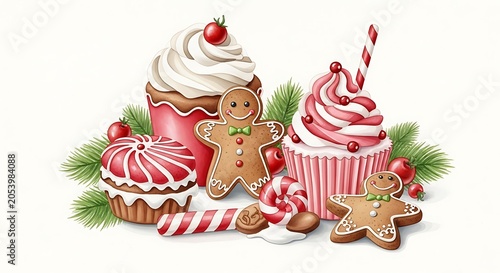 Festive Christmas Sweets - Cupcakes, Gingerbread, and Candy Canes.
