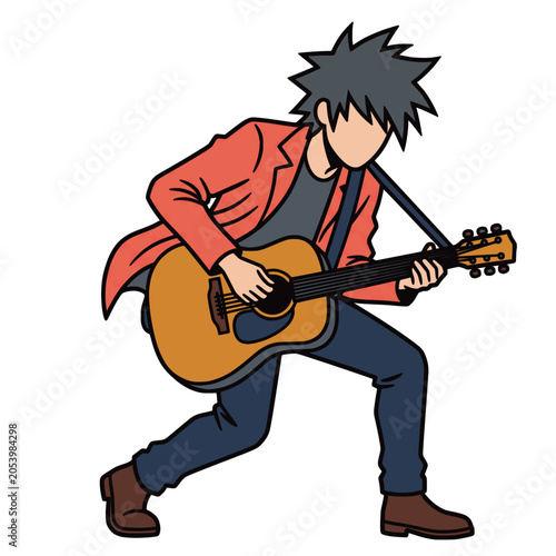 Cute cartoon male musician strumming an acoustic guitar isolated on white background flat vector illustration