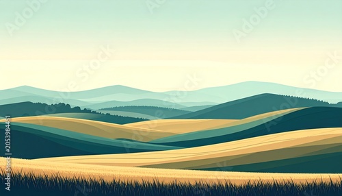 Stylized rolling hills in warm colors and a hazy sky