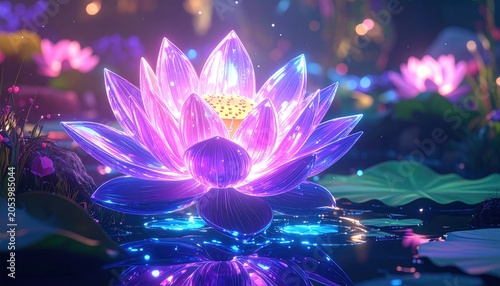 Glowing, vibrant lotus flower floating on water, surrounded by lily pads