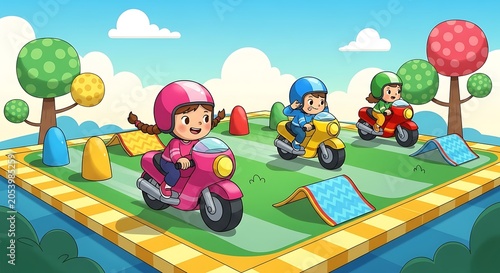 Cartoon Motorbike Adventure - Kids Racing on Colorful Scooters in a Playful Landscape.