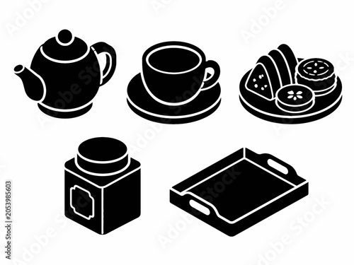 Tea set icons: teapot, cup, snacks, tin, and tray silhouettes