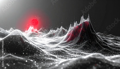 Abstract digital landscape with glowing red orb and textured peaks