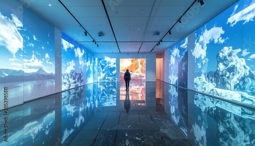 A person in a digital art installation with landscape projections