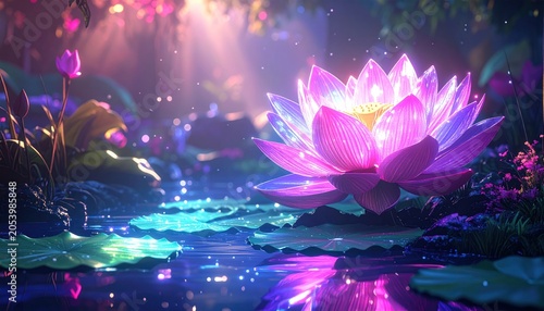 Illuminated lotus flower floats on tranquil water amidst a dreamy, colorful scene