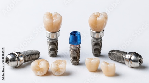 Dental implants with artificial teeth and abutments displayed on a white surface.