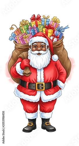 Black Santa Claus Carrying Gifts - A Festive Holiday Illustration.