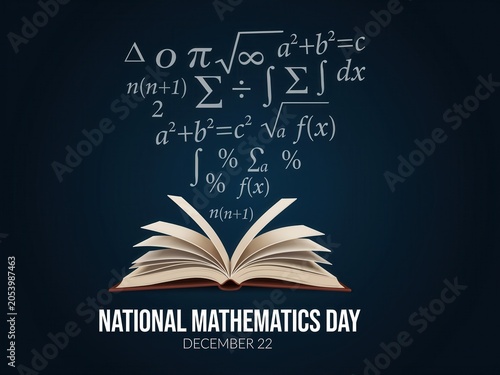 National mathematics day concept with open book and mathematical symbols on dark blue background
