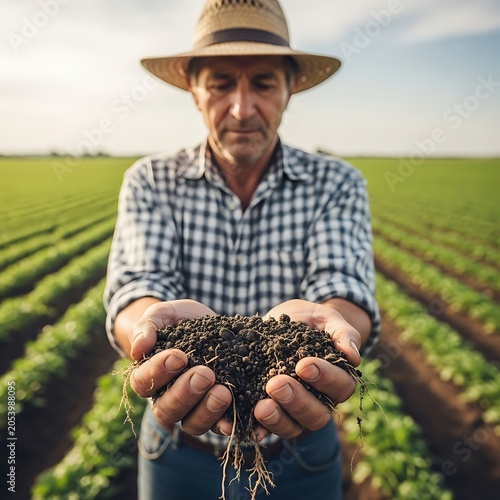 Farmer Inspecting Soil Quality in Field.