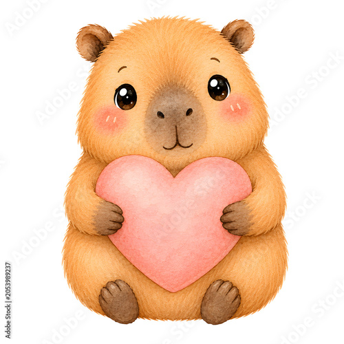 Cute capybara holding pink heart, adorable animal with big eyes and soft fur, expressing love and warmth