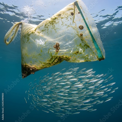 Plastic Bag Threatens School of Fish in Ocean Environment.